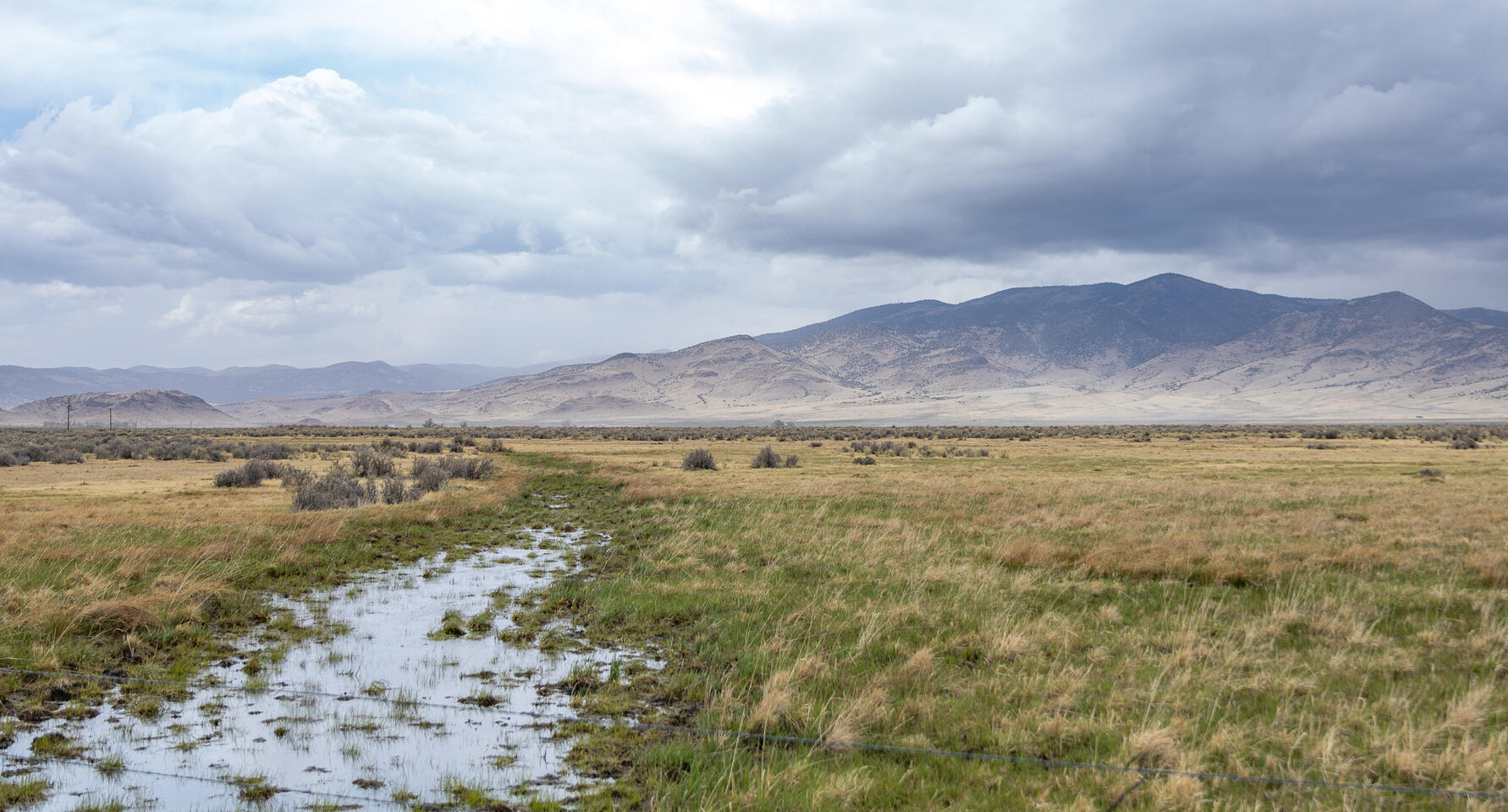 Small winding stream cutting through grassy plain with distant hills under cloudy sky.