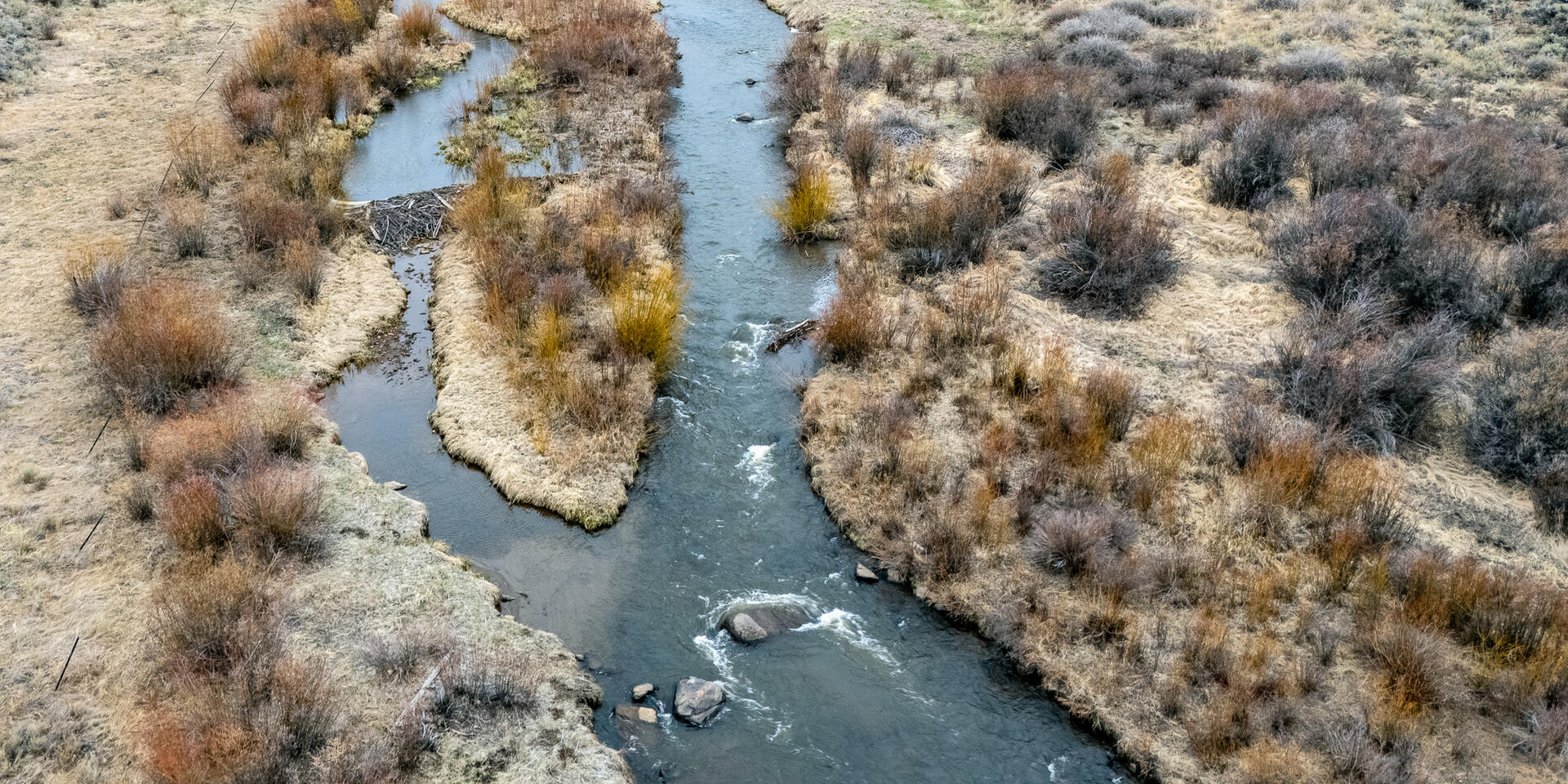 Aerial view of winding river lined with shrubs in muted fall colors.